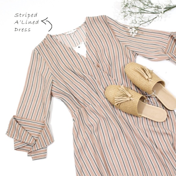 Dresses & Skirts - Pink Striped Dress V-Neck Flared Dress & Sleeves